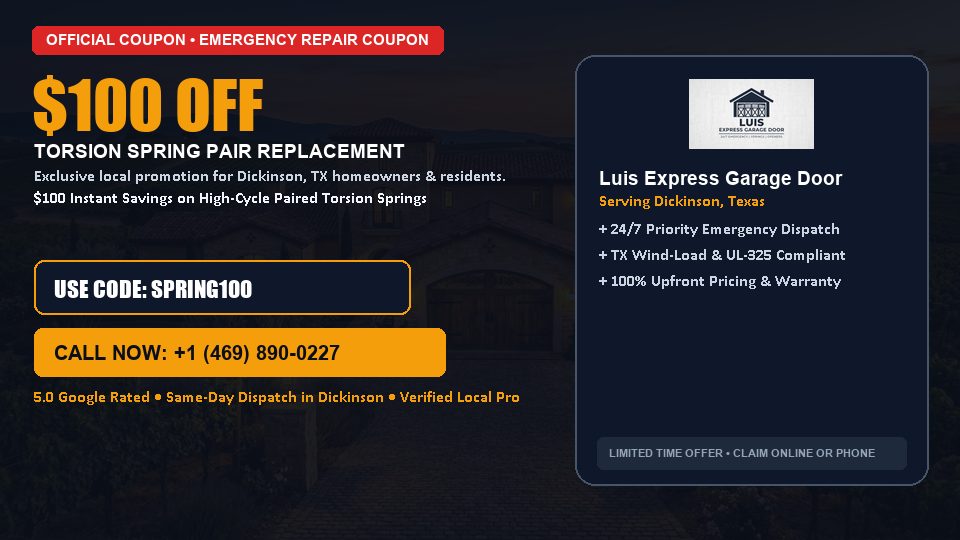 Luis Express Garage Door $100 OFF Dual Torsion Spring Replacement in Dickinson, TX