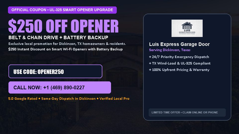 Luis Express Garage Door $250 OFF Premium LiftMaster Opener Installation in Dickinson, TX