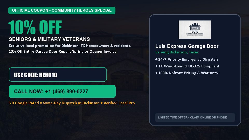 Luis Express Garage Door 10% OFF Seniors & Military Veterans in Dickinson, TX